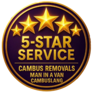 Cambus removals-man in a van Cambuslang logo